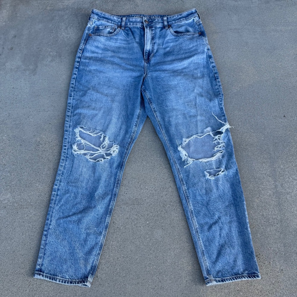 American Eagle Mom Jeans Women 14 Blue Distressed High Rise Medium Wash Denim